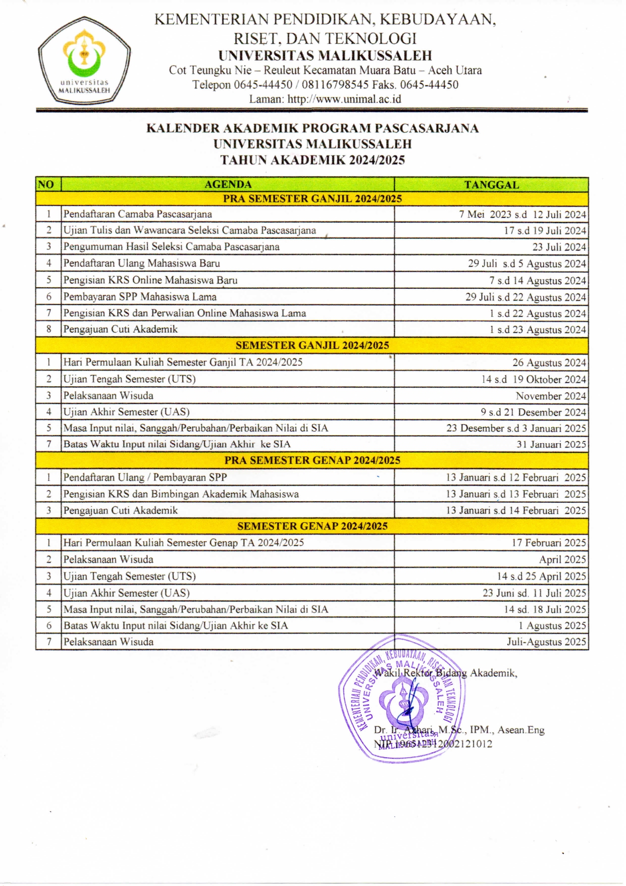 Kalender Akademik Pascasarjana 2024 2025